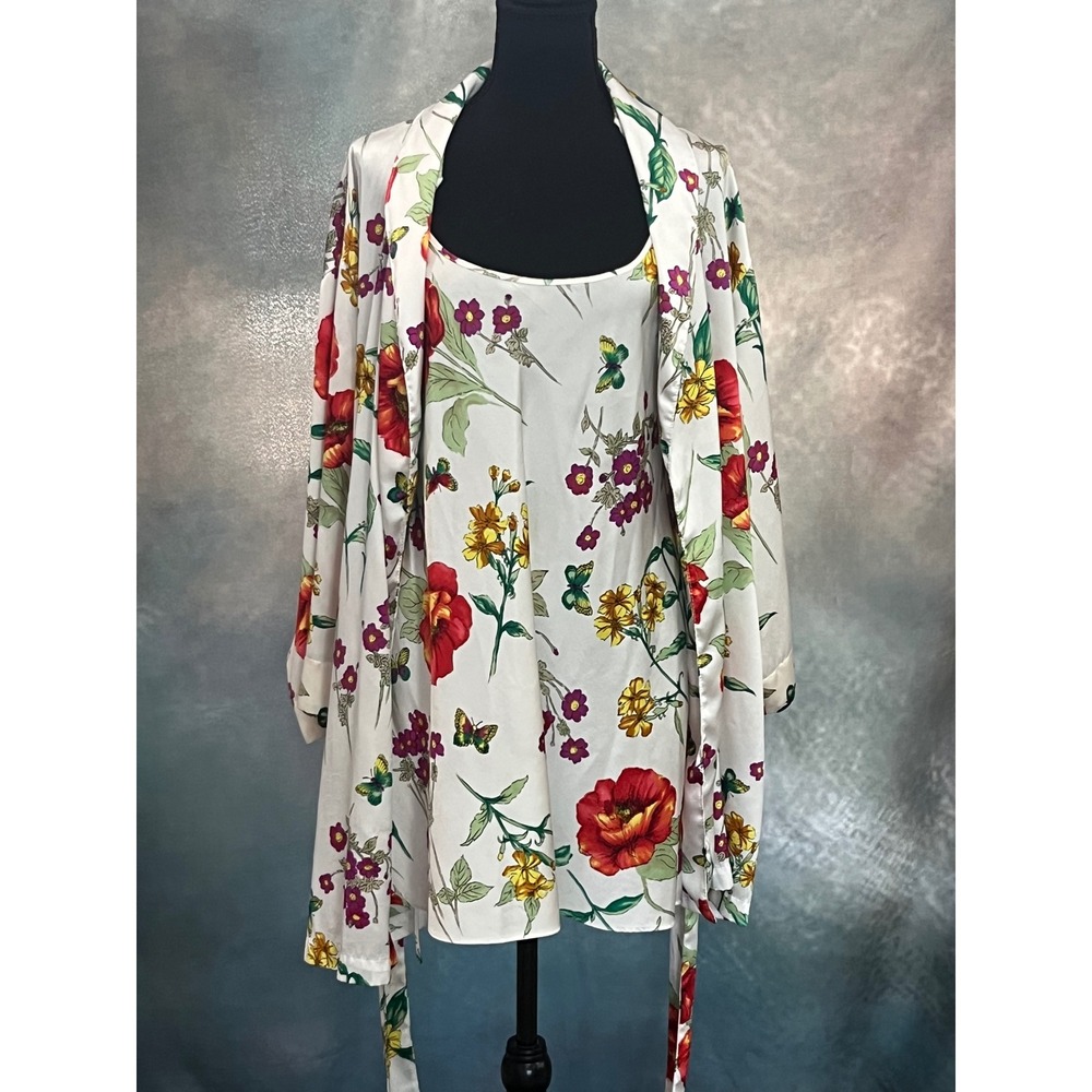 Natori Floral Satin Robe Chemise Set White Red Poppy Butterfly Botanical Print